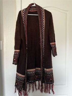 Bohemian Fringe Hem Open-Front Sweater Cardigan - Brown